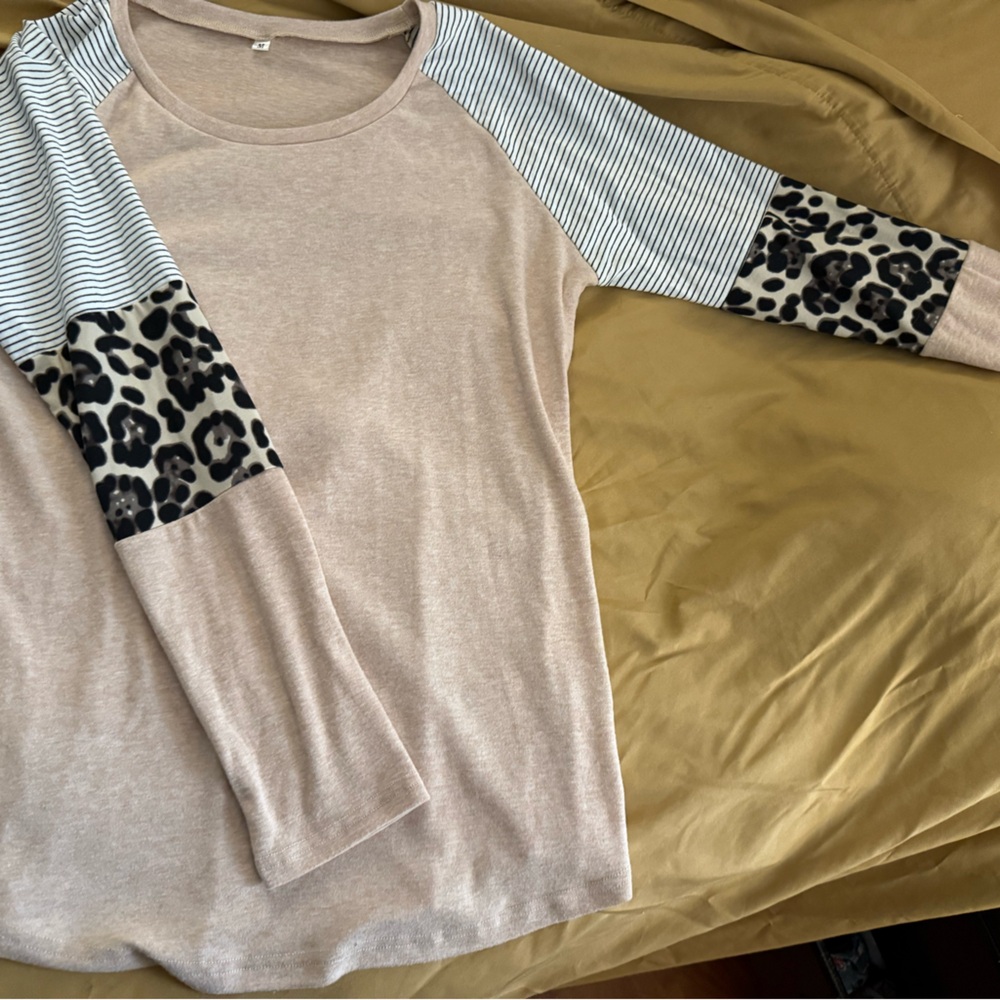 Leopard and Striped Sleeve Beige Top